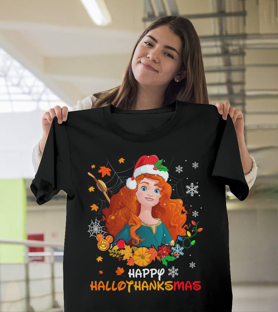 Merida Happy Hallothanksmas With Leaves And Snowflakes T-Shirt