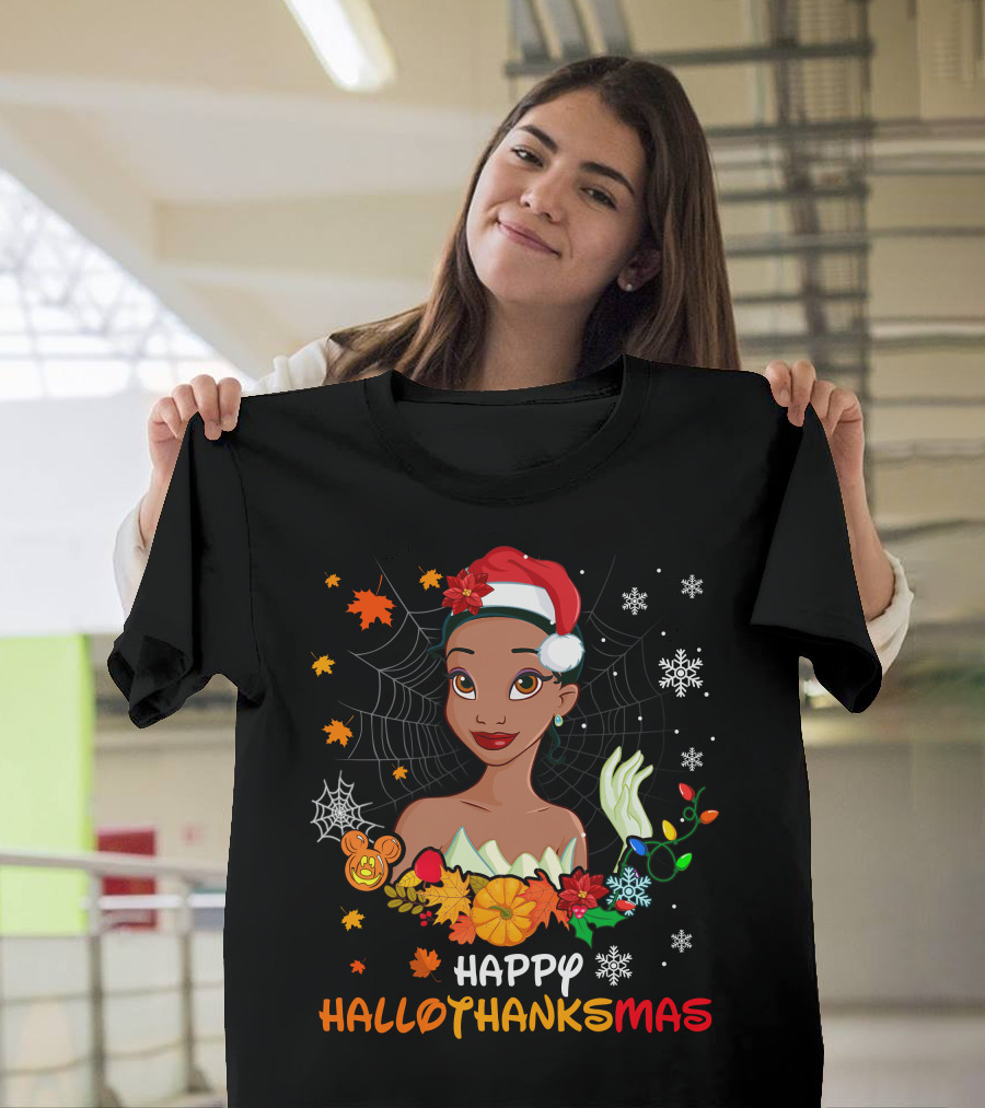 Tiana Happy Hallowthanksmas Snowflakes Spider Web Leaves Flowers T-Shirt