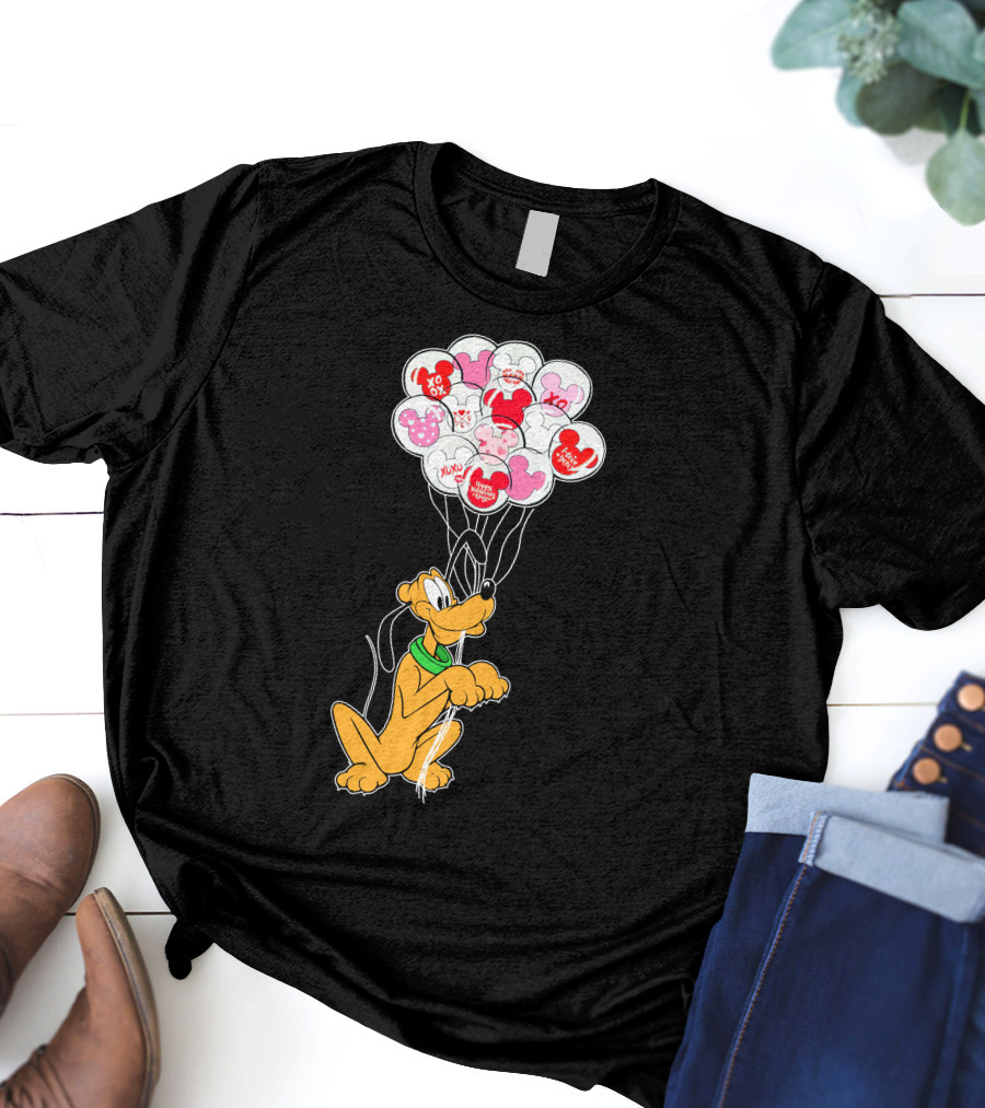 Pluto Holding Mickey And Minnie Balloons With Hearts And Xo Patterns T-Shirt