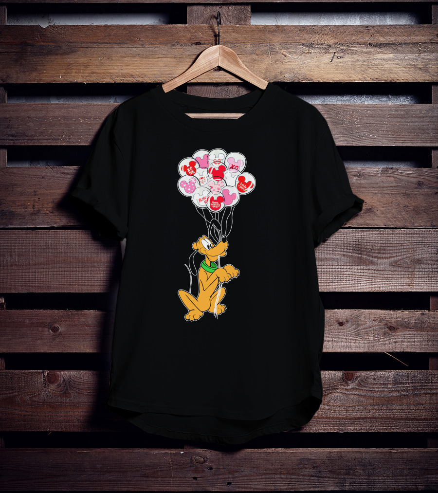 Pluto Holding Mickey And Minnie Balloons With Hearts And Xo Patterns T-Shirt