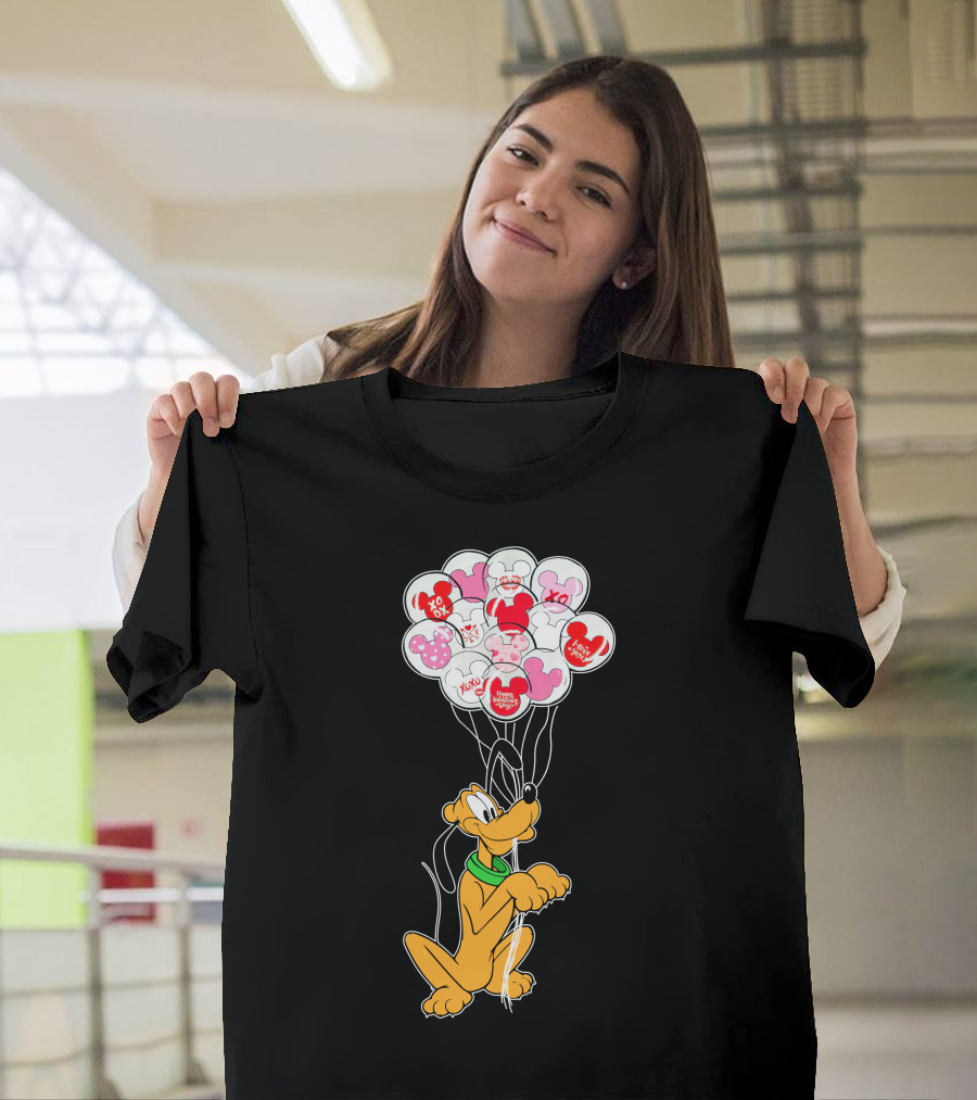 Pluto Holding Mickey And Minnie Balloons With Hearts And Xo Patterns T-Shirt