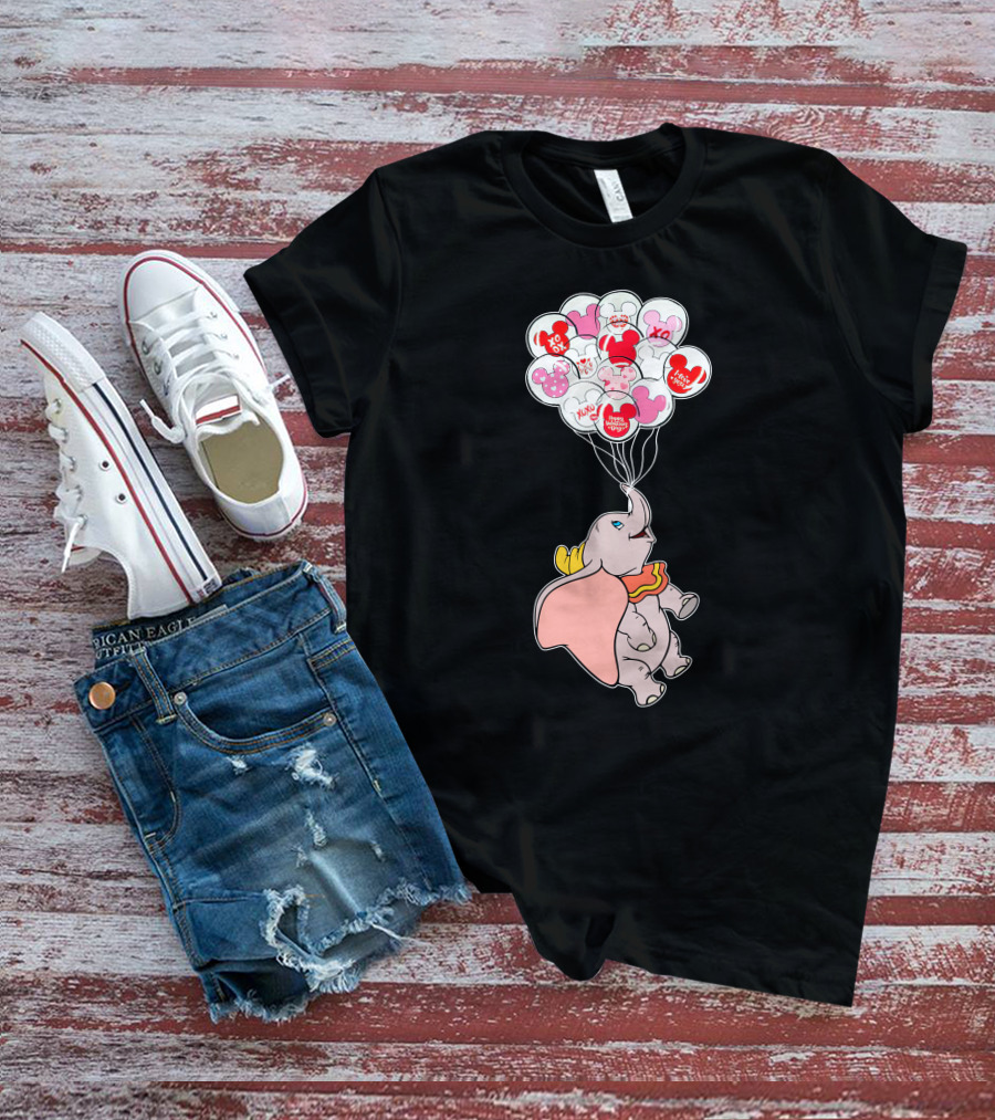 Dumbo Flying With Heart Balloons Featuring Valentine Xo And Mickey T-Shirt