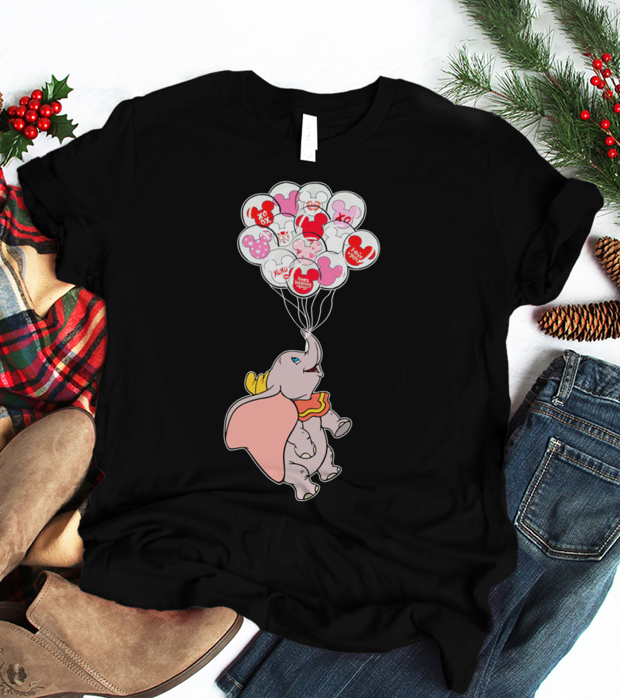 Dumbo Flying With Heart Balloons Featuring Valentine Xo And Mickey T-Shirt