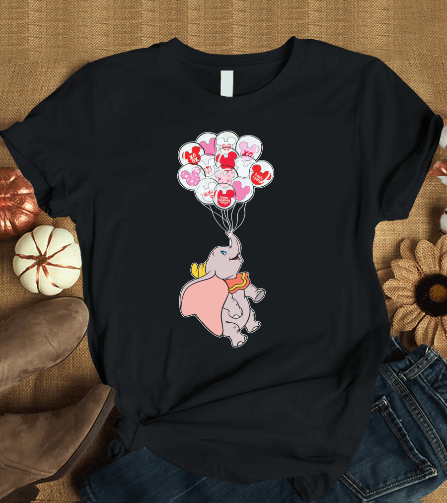 Dumbo Flying With Heart Balloons Featuring Valentine Xo And Mickey T-Shirt