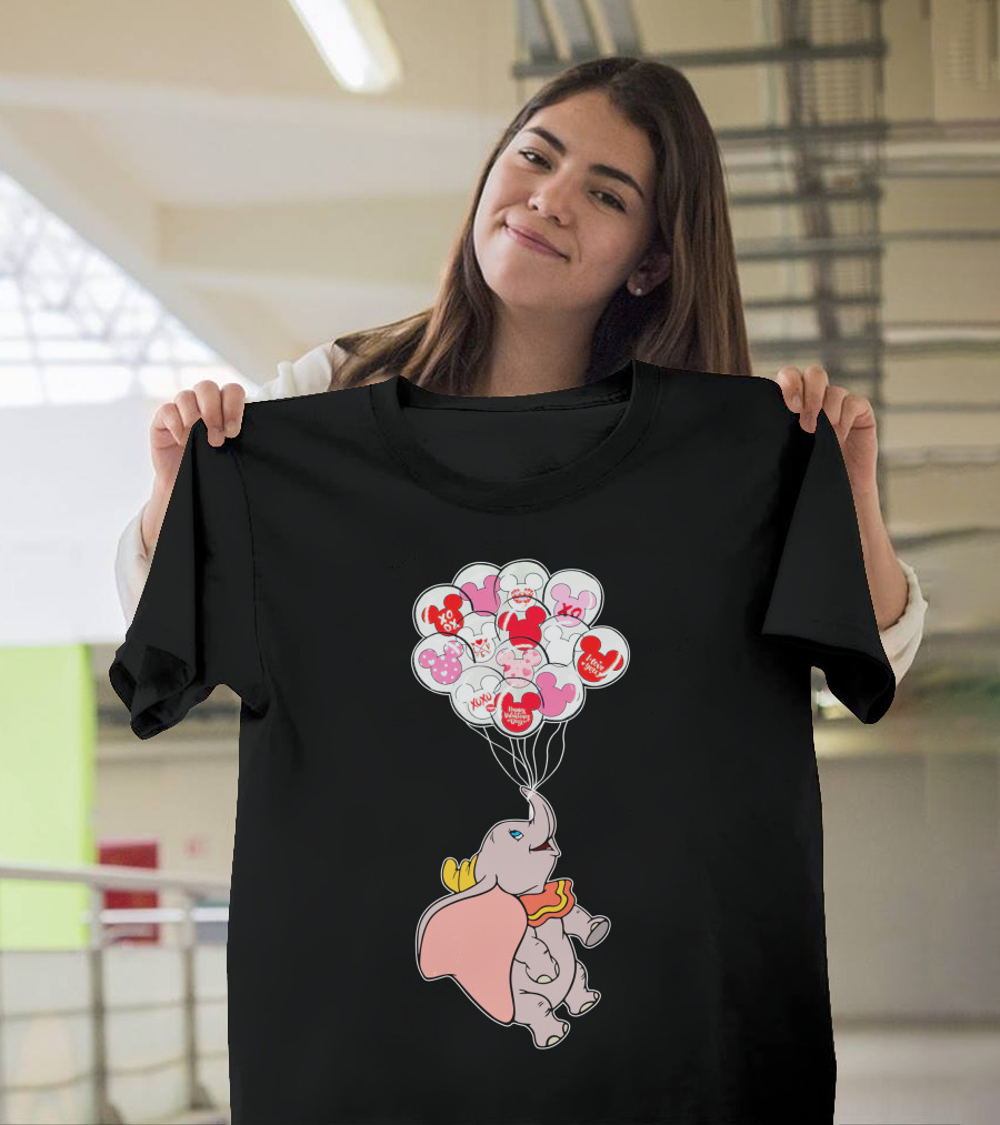 Dumbo Flying With Heart Balloons Featuring Valentine Xo And Mickey T-Shirt