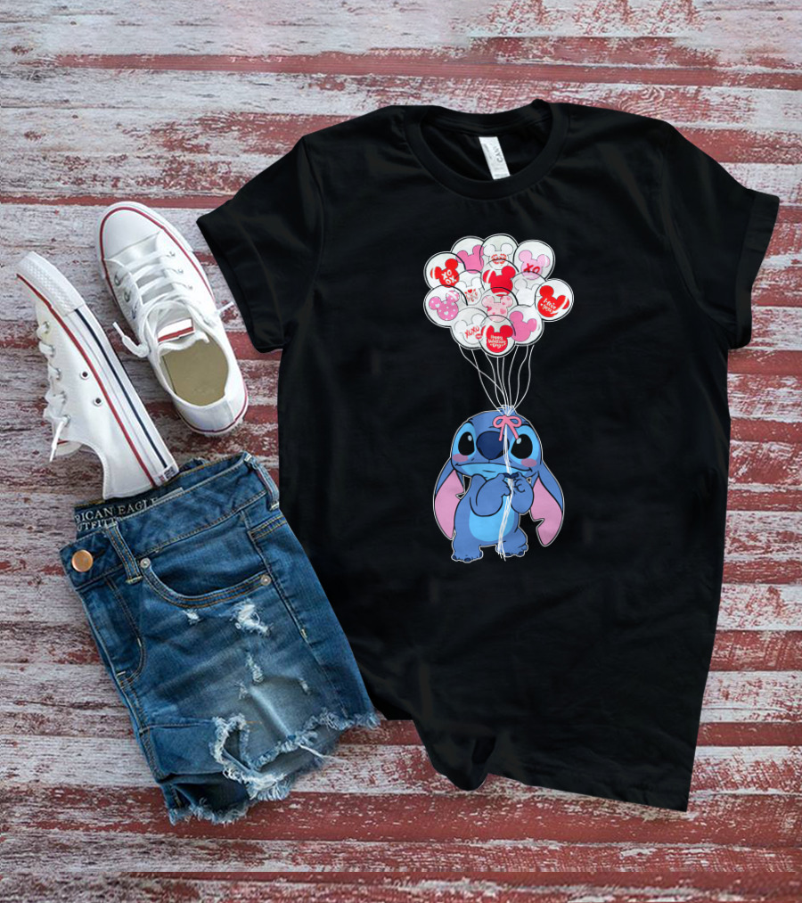 Stitch And Mickey Balloons Valentine's Xo Love T-Shirt