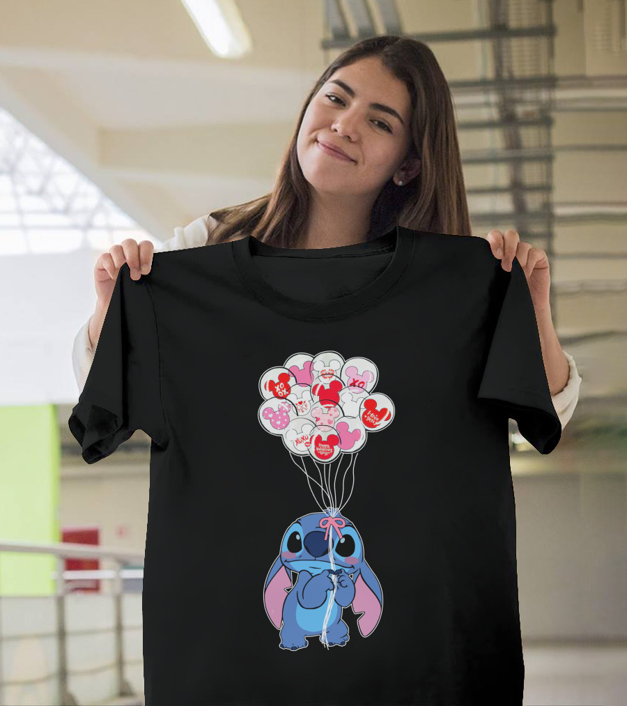 Stitch And Mickey Balloons Valentine's Xo Love T-Shirt