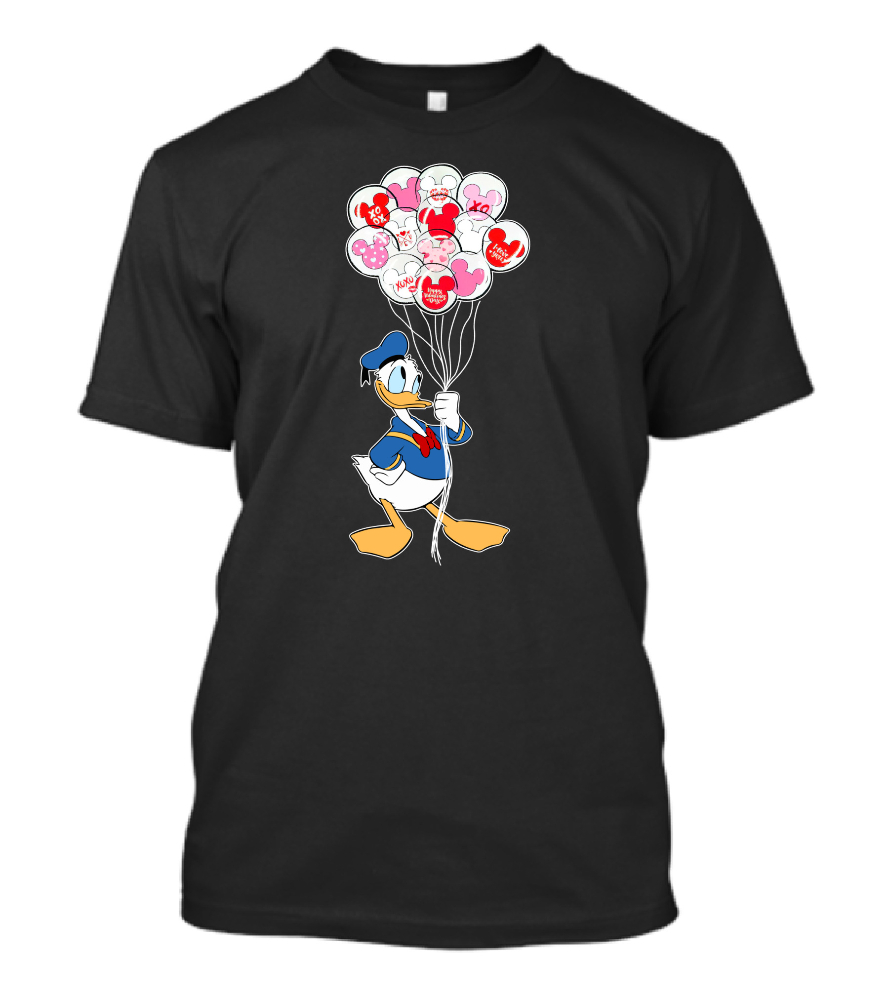 Donald Duck Holding Heart Balloons With Mickey Mouse And Minnie Icons T-Shirt