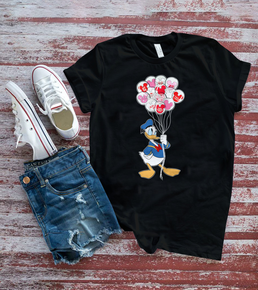 Donald Duck Holding Heart Balloons With Mickey Mouse And Minnie Icons T-Shirt