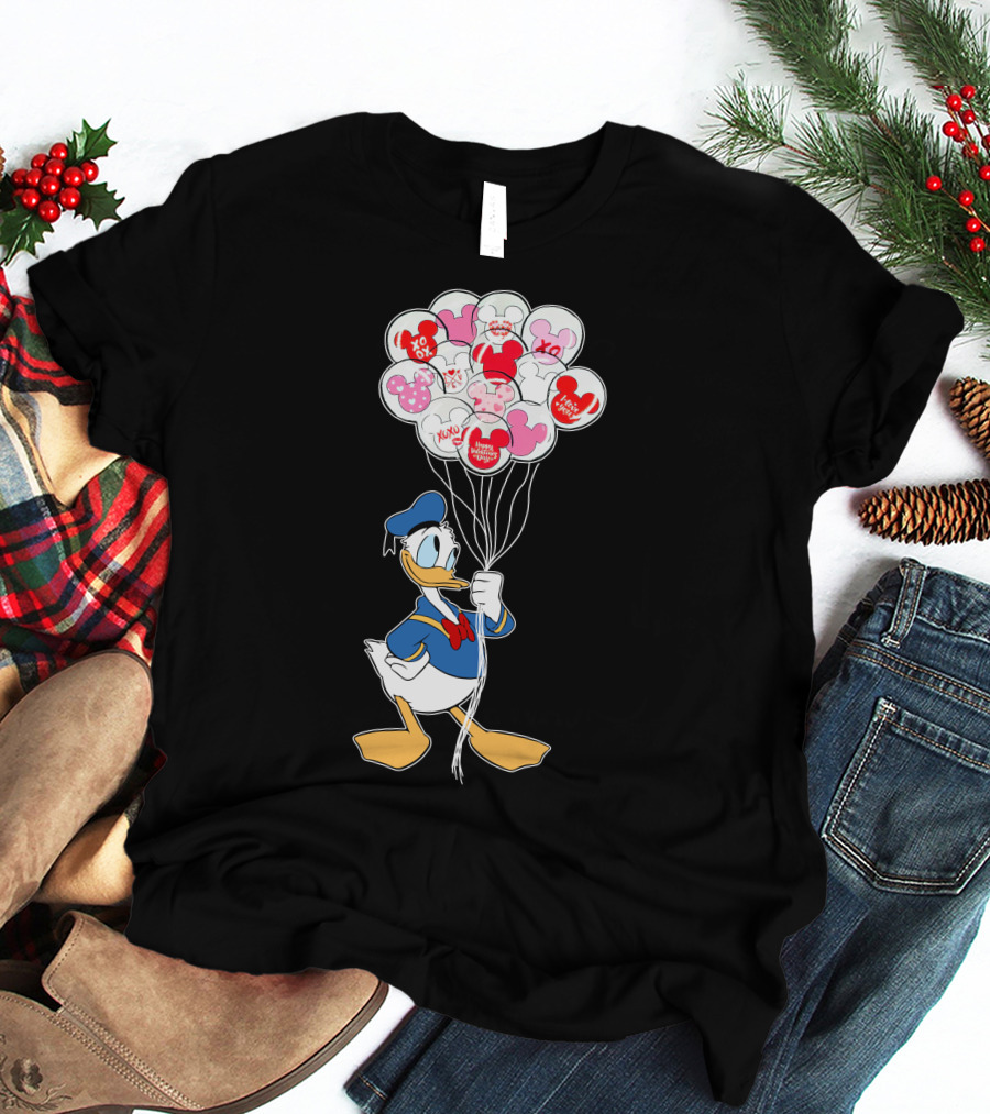 Donald Duck Holding Heart Balloons With Mickey Mouse And Minnie Icons T-Shirt