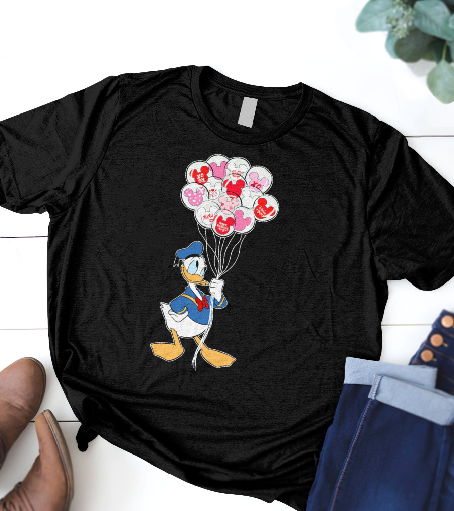 Donald Duck Holding Heart Balloons With Mickey Mouse And Minnie Icons T-Shirt