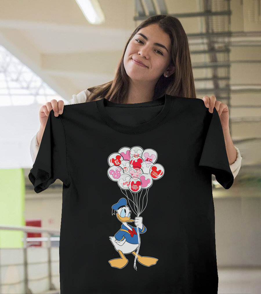Donald Duck Holding Heart Balloons With Mickey Mouse And Minnie Icons T-Shirt