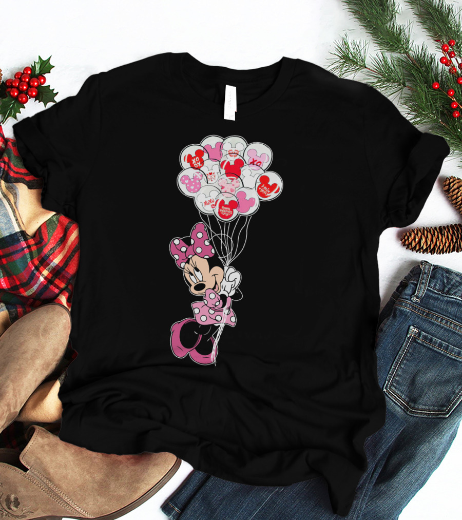 Minnie Mouse Holding Heart Balloons With Xoxo And Hugs Kisses Patterns T-Shirt
