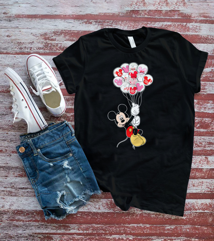Mickey Mouse Holding Heart Balloons With Xo Love Messages T-Shirt