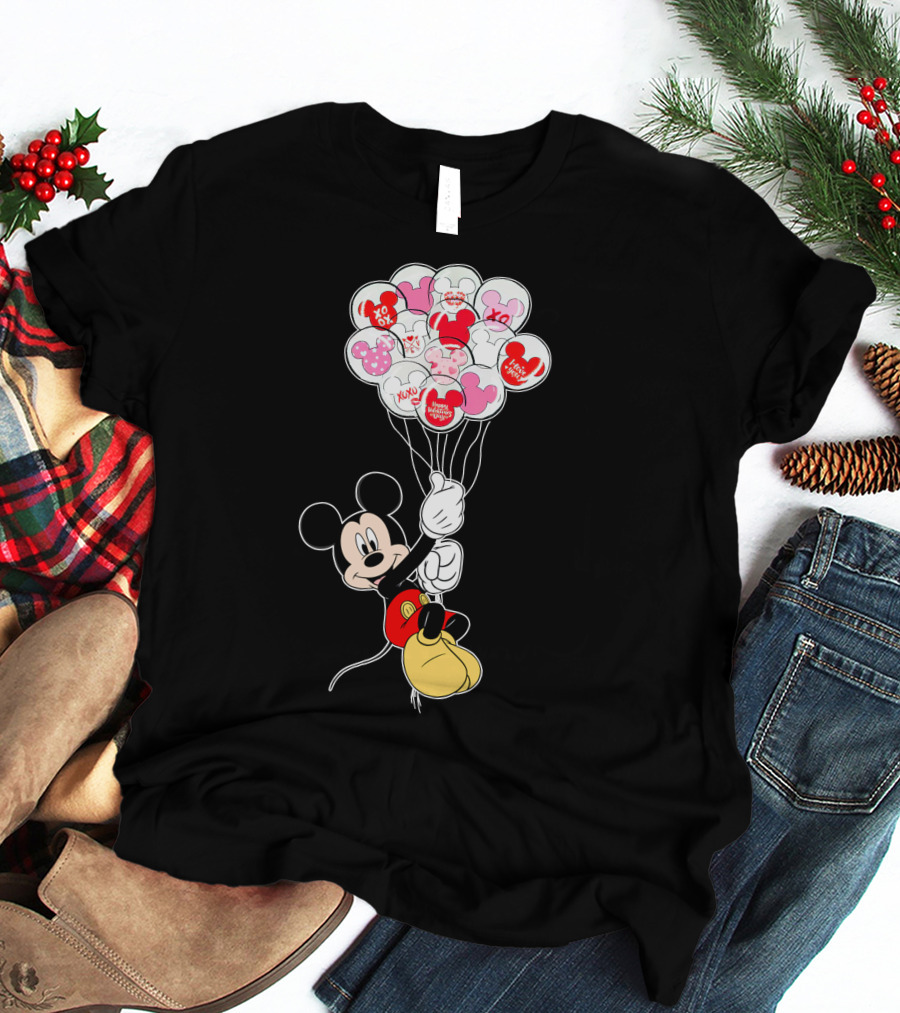 Mickey Mouse Holding Heart Balloons With Xo Love Messages T-Shirt