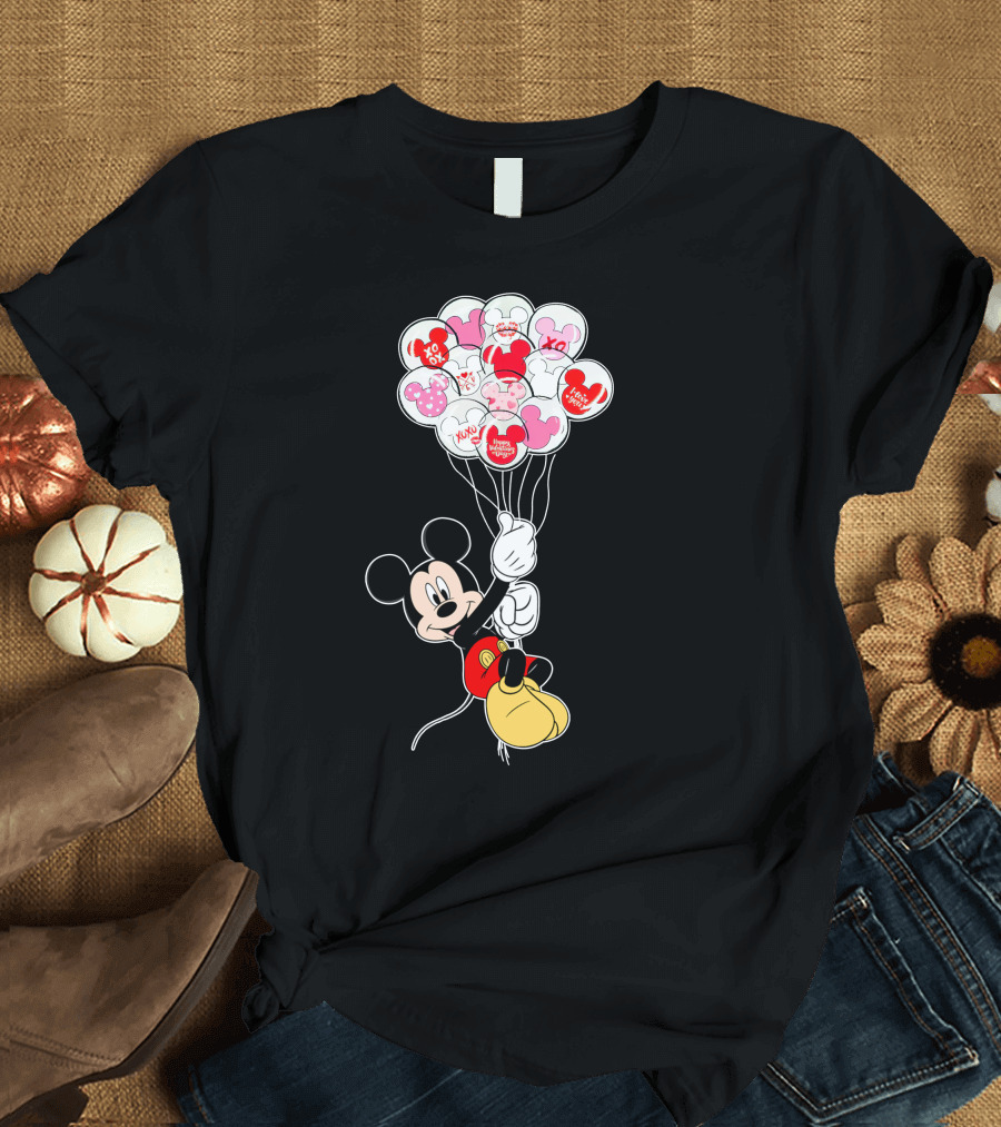 Mickey Mouse Holding Heart Balloons With Xo Love Messages T-Shirt