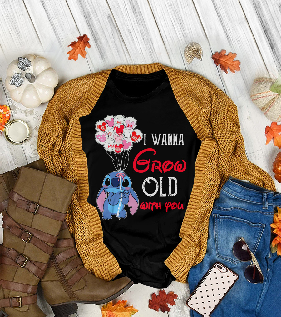 I Wanna Grow Old With You Stitch Balloons Hearts T-Shirt