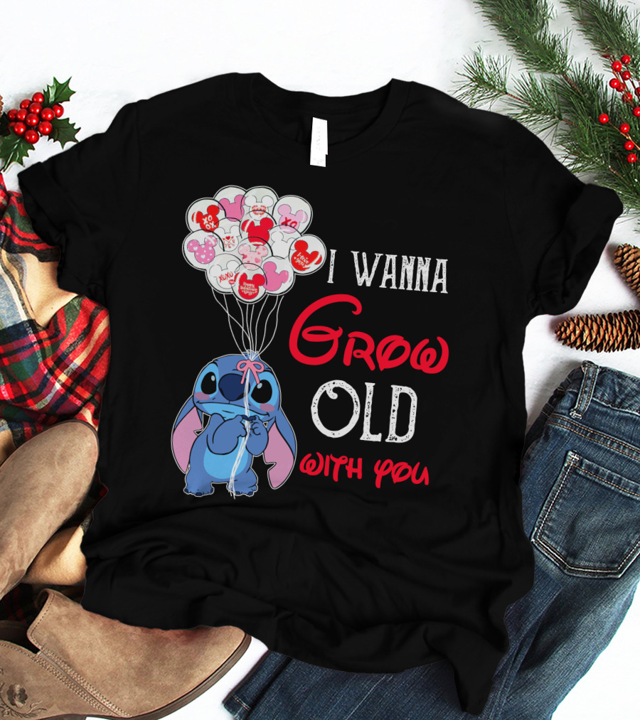 I Wanna Grow Old With You Stitch Balloons Hearts T-Shirt