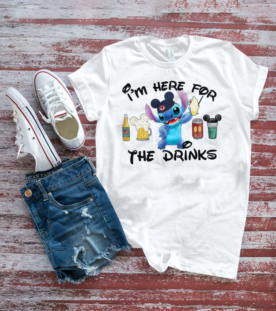 I'm Here For The Drinks Disney Stitch Hat Beer Cocktails T-Shirt