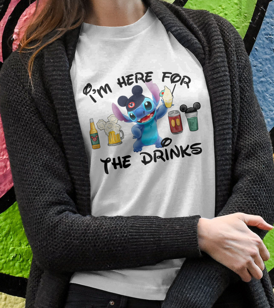 I'm Here For The Drinks Disney Stitch Hat Beer Cocktails T-Shirt