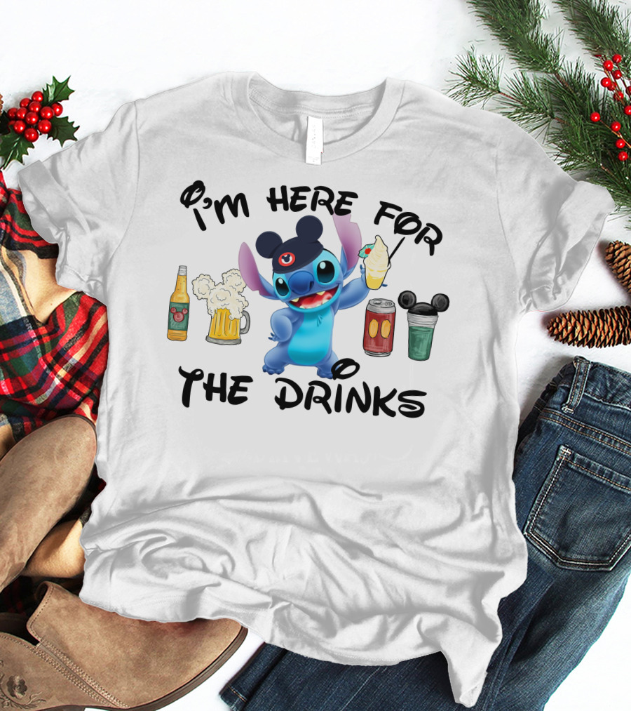 I'm Here For The Drinks Disney Stitch Hat Beer Cocktails T-Shirt