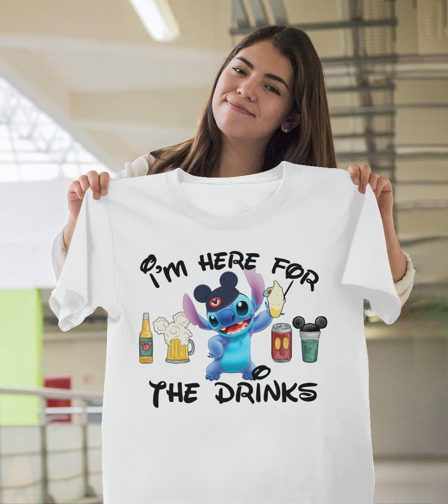 I'm Here For The Drinks Disney Stitch Hat Beer Cocktails T-Shirt