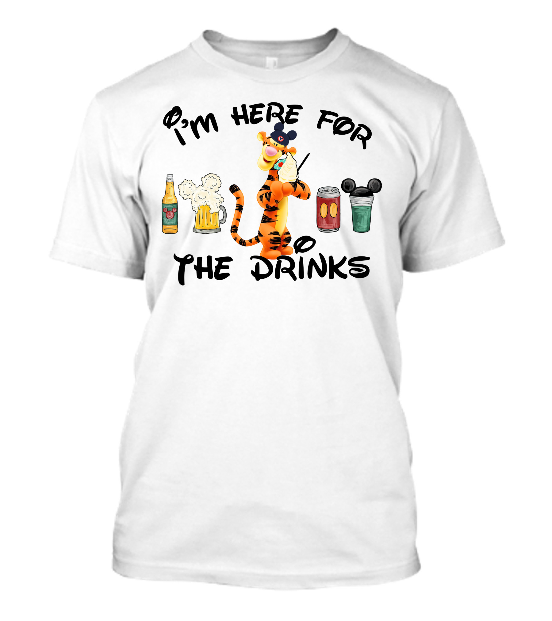 I'm Here For The Drinks Tigger Mickey Ears Beer Can Bottle T-Shirt