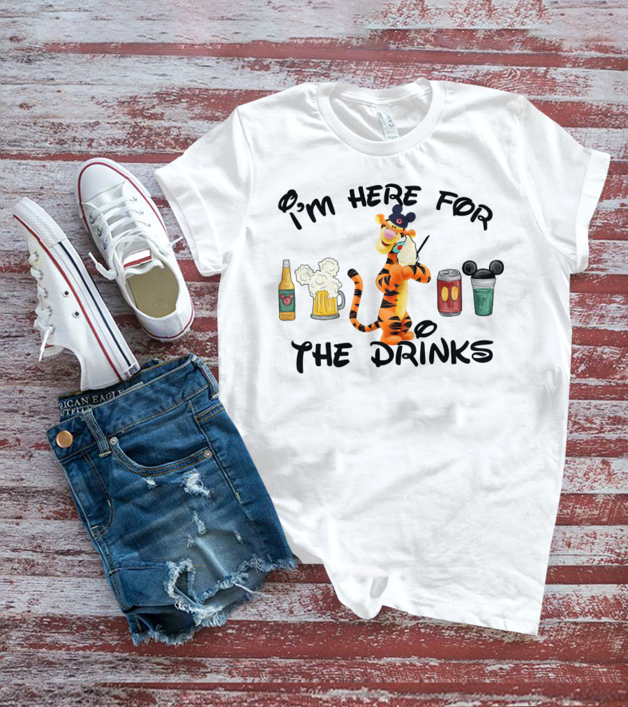 I'm Here For The Drinks Tigger Mickey Ears Beer Can Bottle T-Shirt