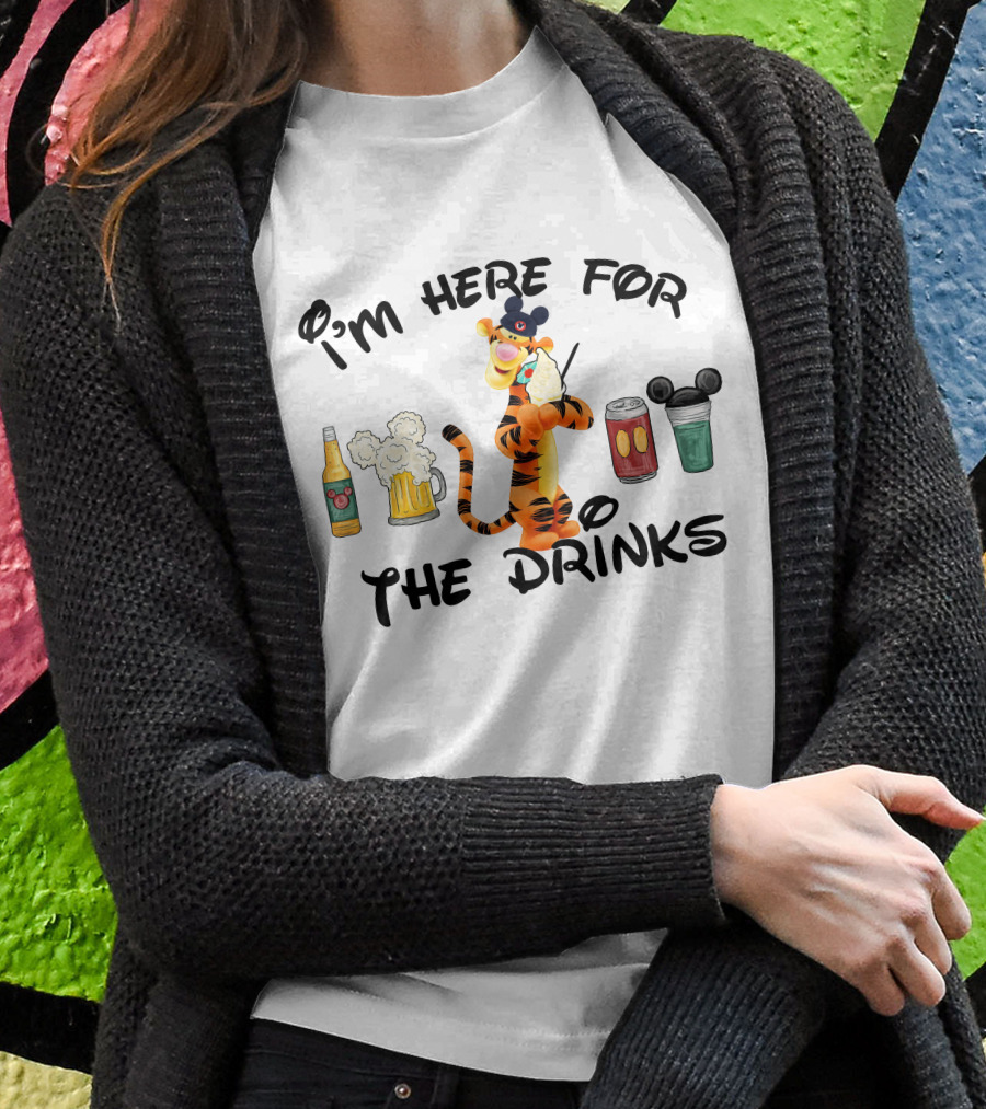 I'm Here For The Drinks Tigger Mickey Ears Beer Can Bottle T-Shirt