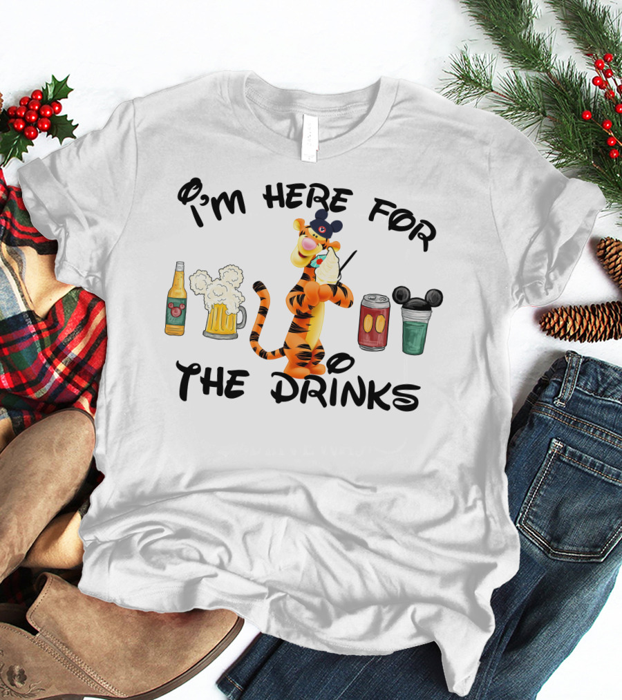 I'm Here For The Drinks Tigger Mickey Ears Beer Can Bottle T-Shirt