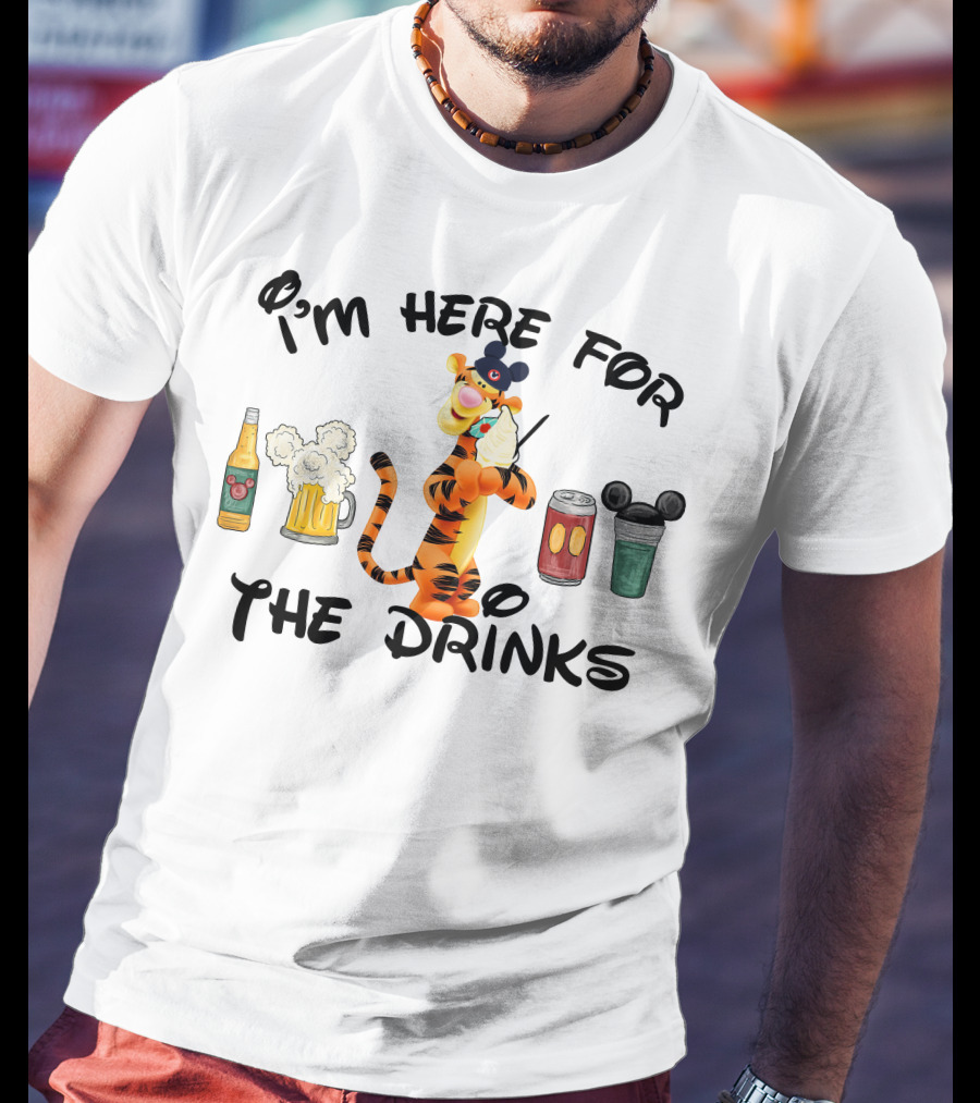 I'm Here For The Drinks Tigger Mickey Ears Beer Can Bottle T-Shirt