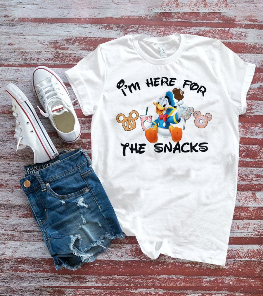 I'm Here For The Snacks Donald Duck Mickey Mouse Pretzel Lollipop Ice Cream Drink T-Shirt