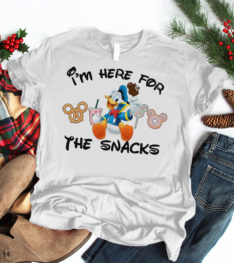 I'm Here For The Snacks Donald Duck Mickey Mouse Pretzel Lollipop Ice Cream Drink T-Shirt