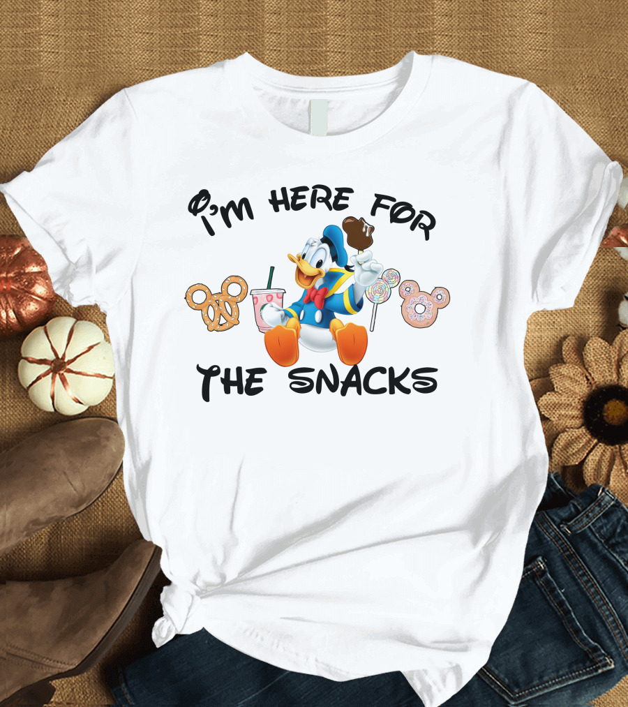 I'm Here For The Snacks Donald Duck Mickey Mouse Pretzel Lollipop Ice Cream Drink T-Shirt