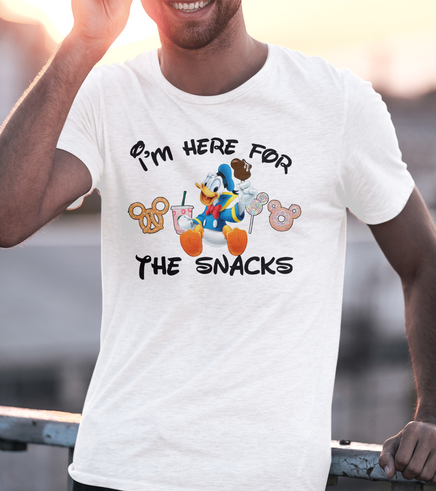 I'm Here For The Snacks Donald Duck Mickey Mouse Pretzel Lollipop Ice Cream Drink T-Shirt