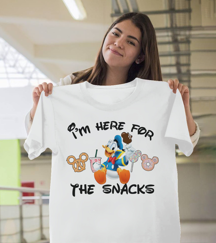 I'm Here For The Snacks Donald Duck Mickey Mouse Pretzel Lollipop Ice Cream Drink T-Shirt
