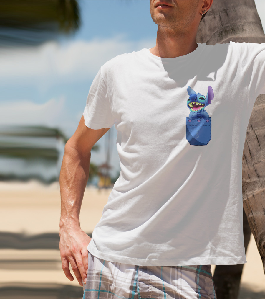 Stitch Pocket Smiling Face With Purple Ears T-Shirt