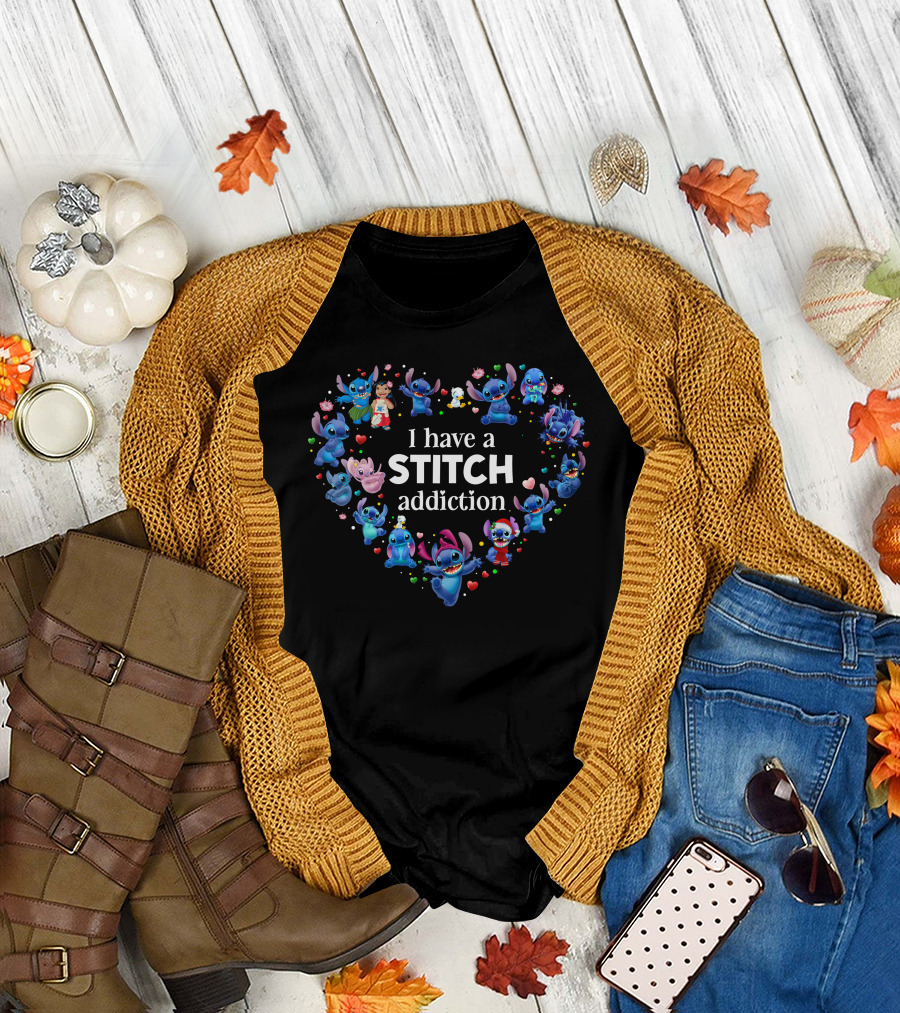 I Have A Stitch Addiction Heart Pattern With Characters T-Shirt