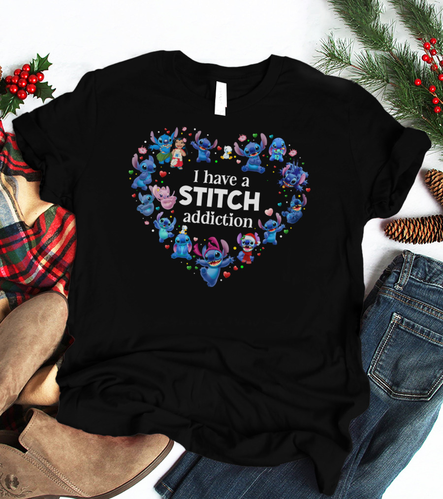I Have A Stitch Addiction Heart Pattern With Characters T-Shirt