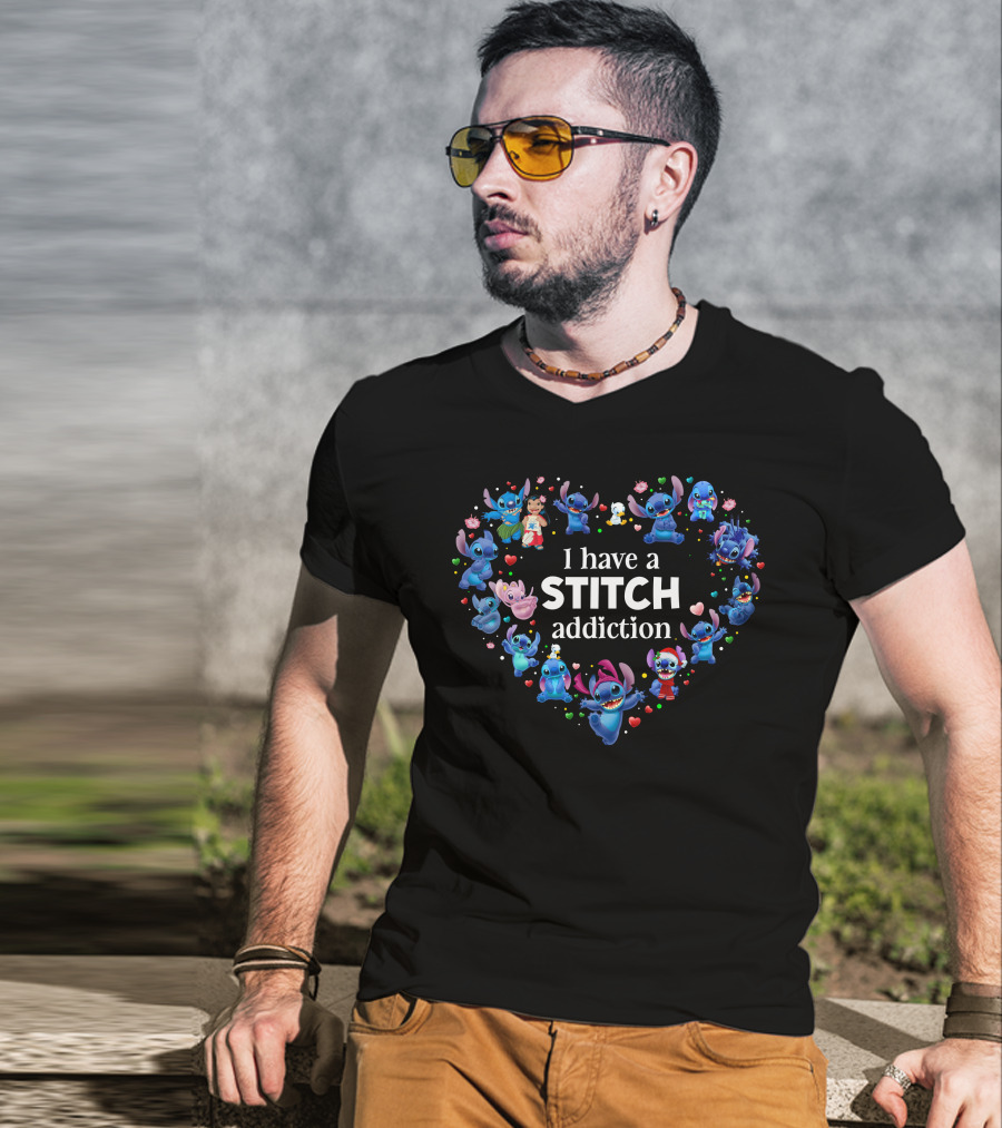 I Have A Stitch Addiction Heart Pattern With Characters T-Shirt