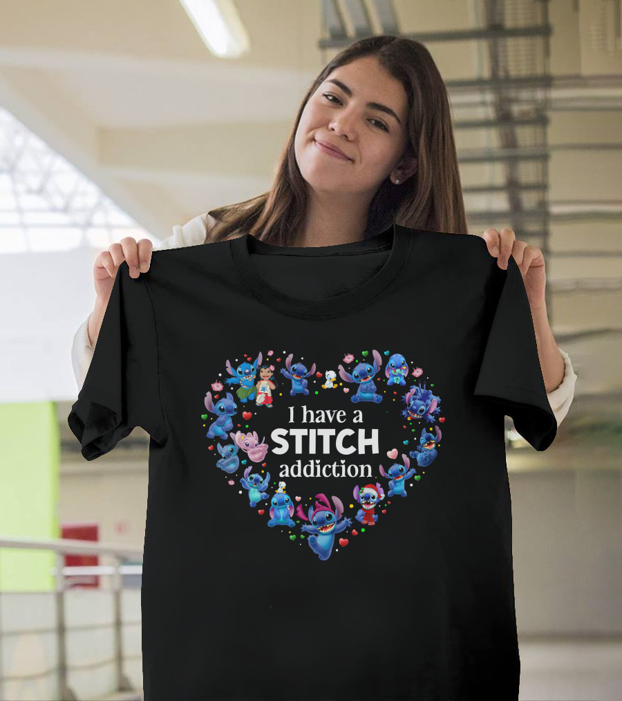 I Have A Stitch Addiction Heart Pattern With Characters T-Shirt