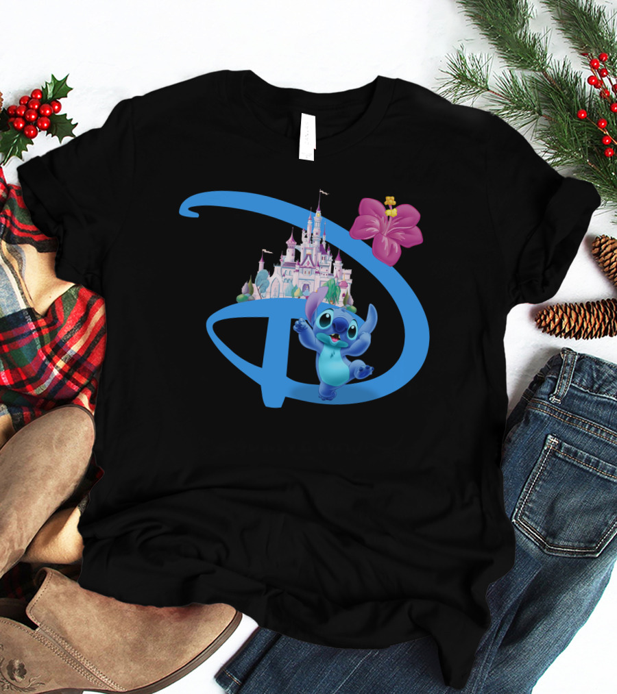Stitch Disney Castle Hibiscus Flower T-Shirt