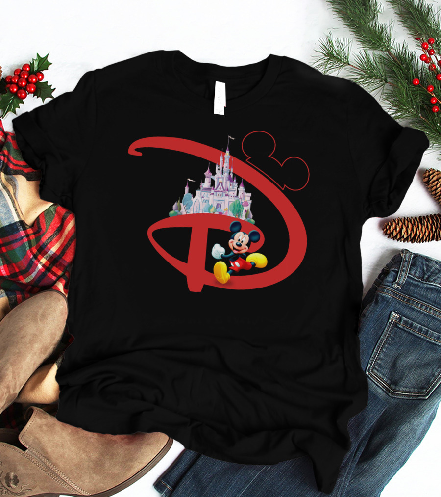 Mickey Mouse Disney Castle Icon With Red Disney Initials T-Shirt