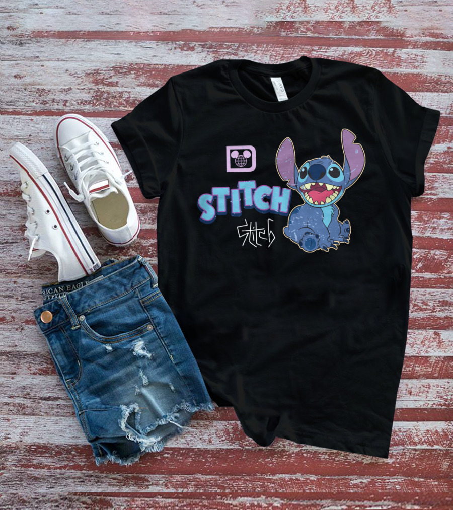 Disney Stitch Blue Alien Character With World Globe T-Shirt