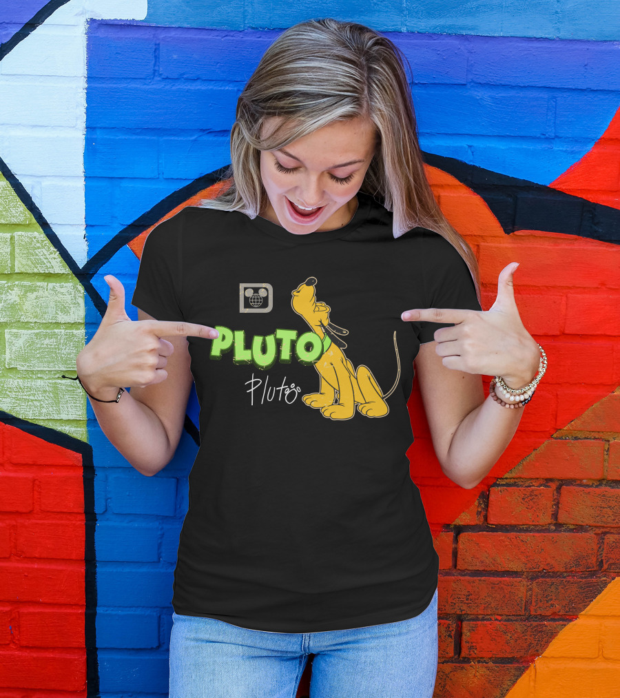 Disney Pluto Green Text Iconic Cartoon Dog T-Shirt