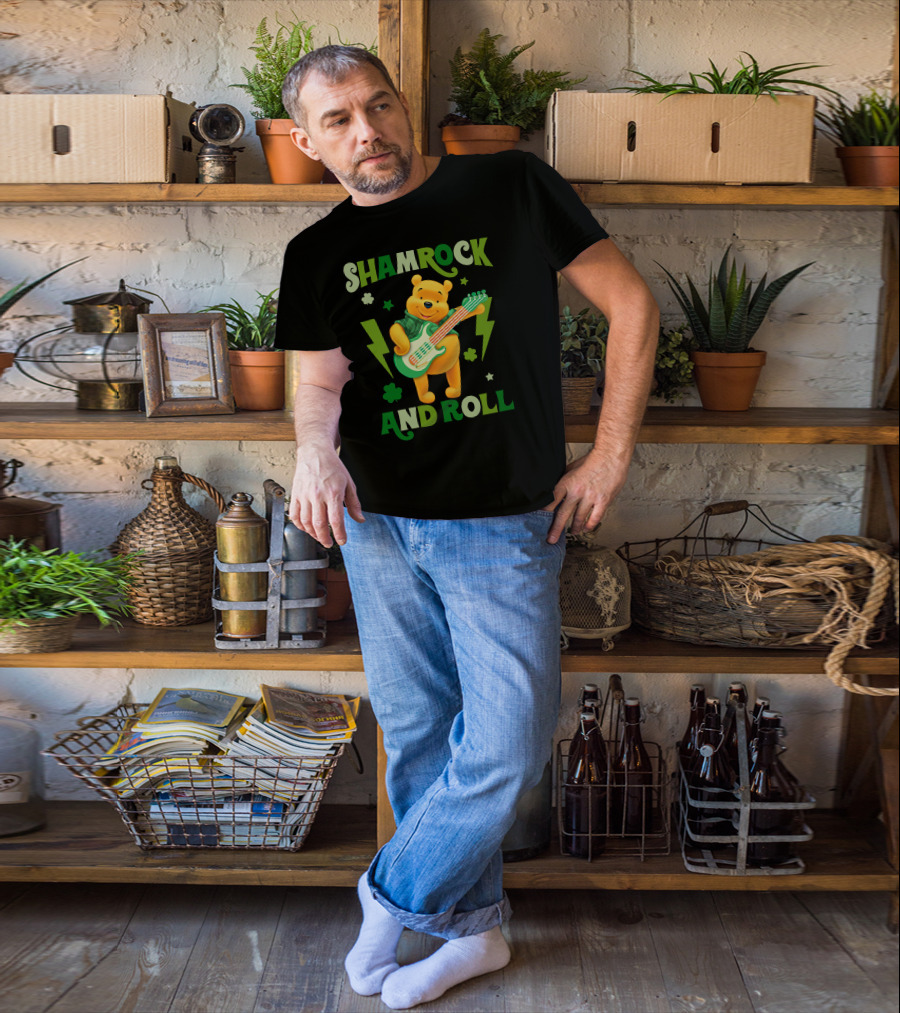 Shamrock And Roll Pooh Bear With Guitar And Green Lightning Bolts T-Shirt