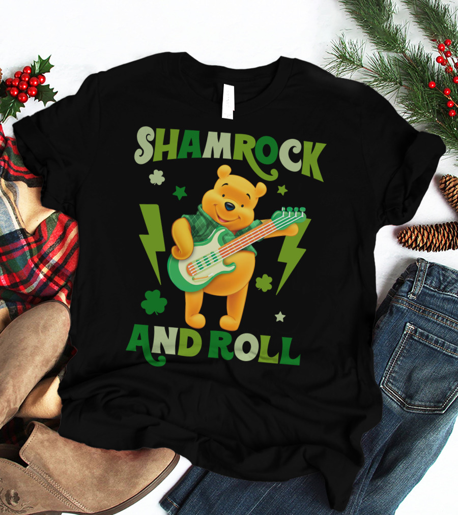 Shamrock And Roll Pooh Bear With Guitar And Green Lightning Bolts T-Shirt