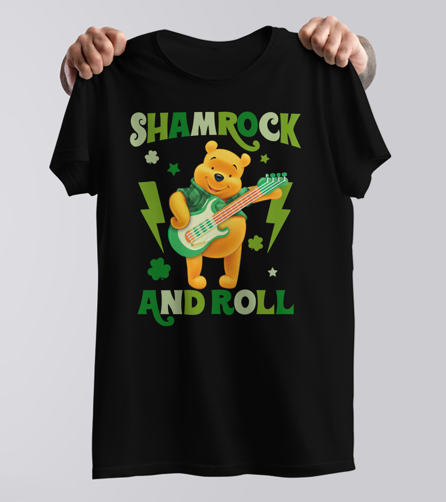 Shamrock And Roll Pooh Bear With Guitar And Green Lightning Bolts T-Shirt