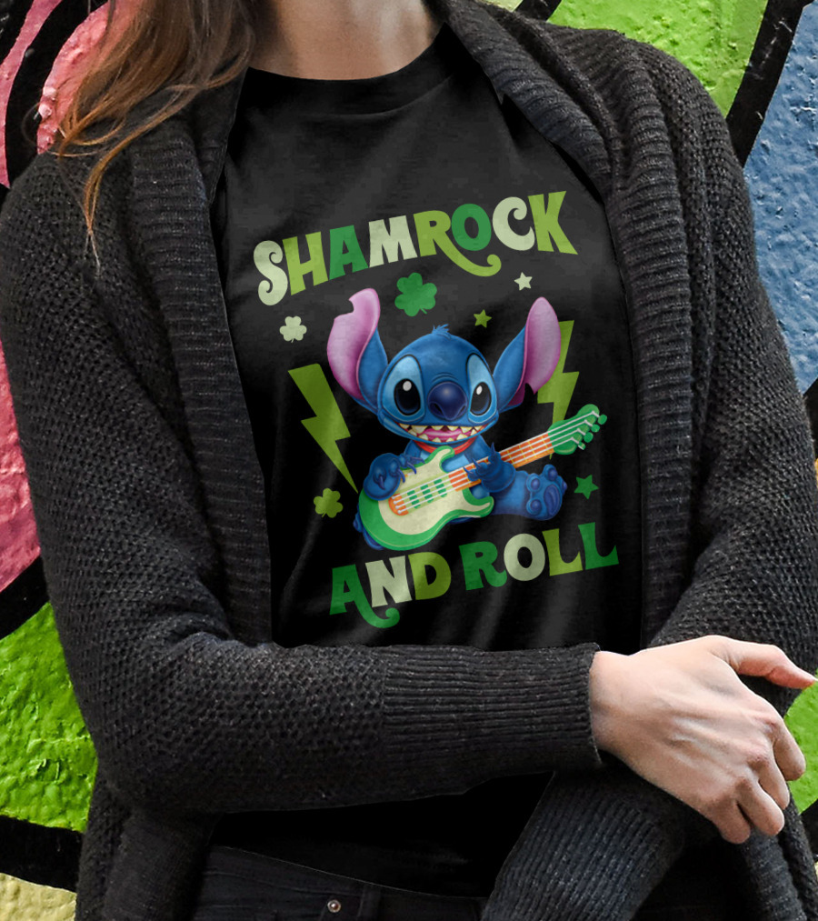 Shamrock And Roll Stitch Playing Guitar T-Shirt