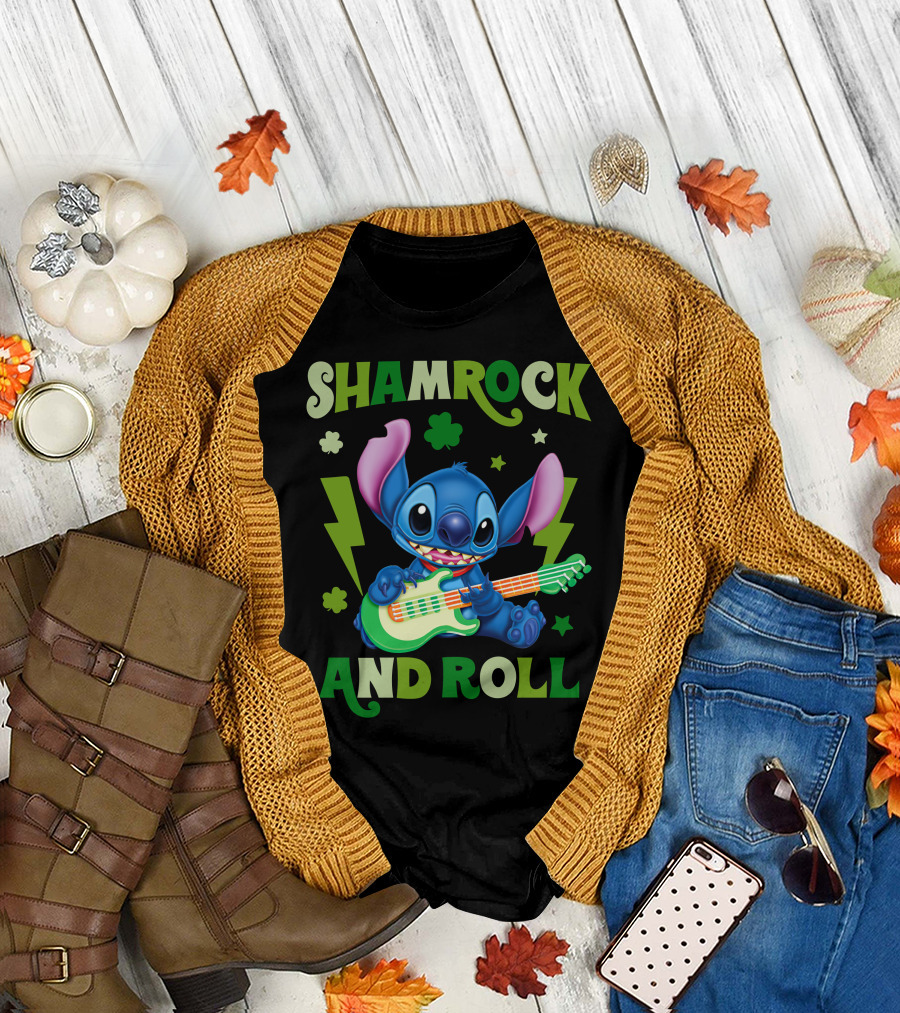 Shamrock And Roll Stitch Playing Guitar T-Shirt